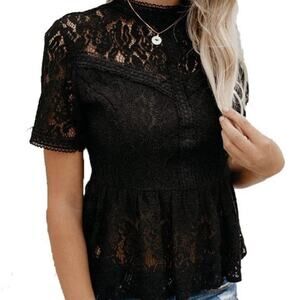 Womens Black Lace Peplum Top Romantic Goth High Neck Small Victorian Inspired
